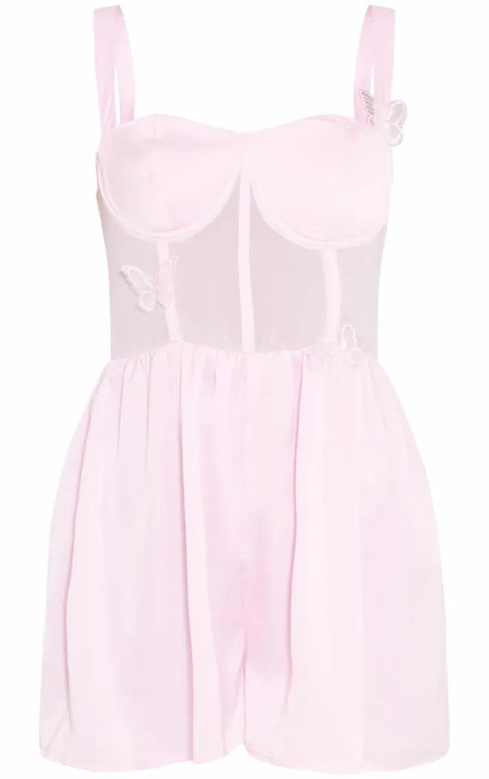 Baby Pink Satin Corset Butterfly Detail Floaty Romper