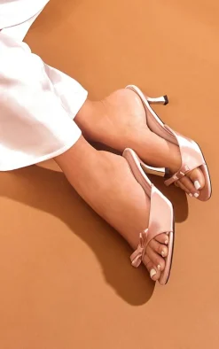 Baby Pink Satin Round Toe Bow Strap Low Heeled Mules