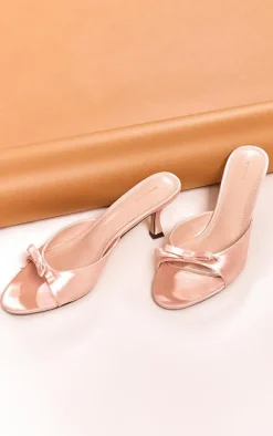 Baby Pink Satin Round Toe Bow Strap Low Heeled Mules