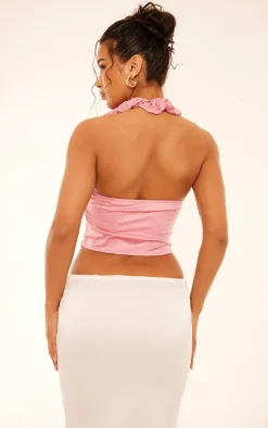 Baby Pink Satin Ruched Detail Halterneck Top