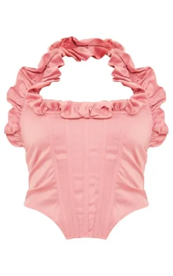 Baby Pink Satin Ruched Detail Halterneck Top