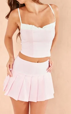 Baby Pink Stretch Woven Contrast Bow Detail Top