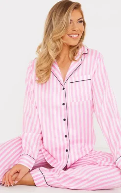 Baby Pink Stripe Print Contrast Piping Satin Long PJ Set