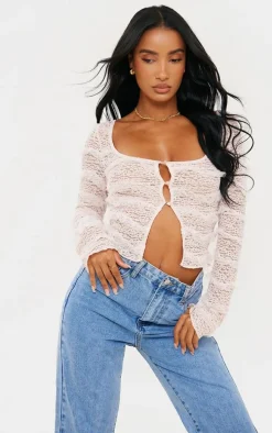 Baby Pink Textured Frill Square Neck Button Blouse