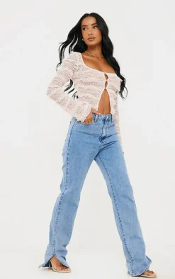 Baby Pink Textured Frill Square Neck Button Blouse