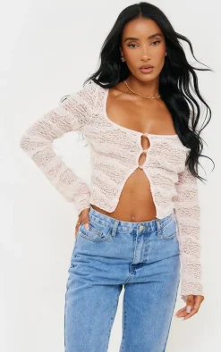 Baby Pink Textured Frill Square Neck Button Blouse