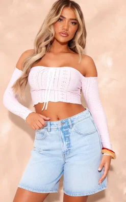 Baby Pink Textured Stretch Ribbon Trim Long Sleeve Bardot Crop Top