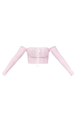 Baby Pink Textured Stretch Ribbon Trim Long Sleeve Bardot Crop Top