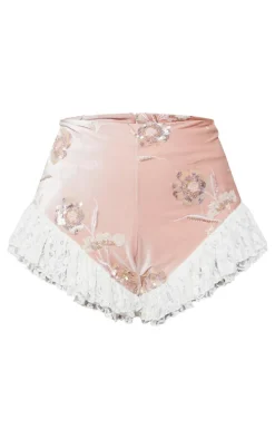 Baby Pink Velvet Embellished Frill Detail Bloomer Shorts