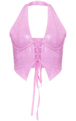 Baby Pink Washed Faux Leather Lace Up Plunge Halter Neck Top