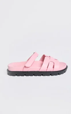 Baby Pink Wide Fit PU Round Toe Velcro Strap Chunky Sandals