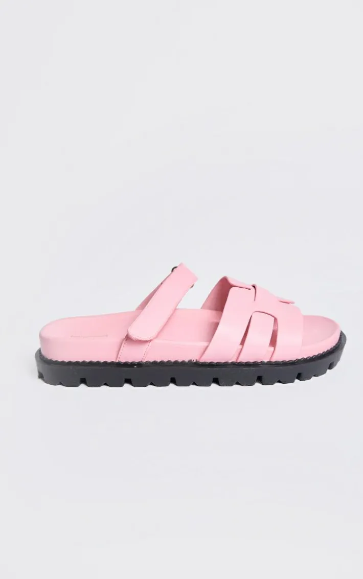 Baby Pink Wide Fit PU Round Toe Velcro Strap Chunky Sandals