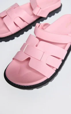 Baby Pink Wide Fit PU Round Toe Velcro Strap Chunky Sandals