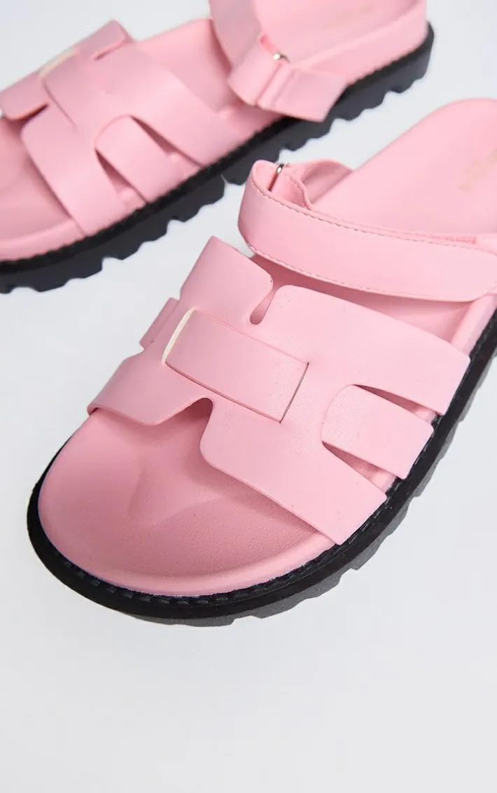 Baby Pink Wide Fit PU Round Toe Velcro Strap Chunky Sandals
