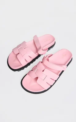 Baby Pink Wide Fit PU Round Toe Velcro Strap Chunky Sandals