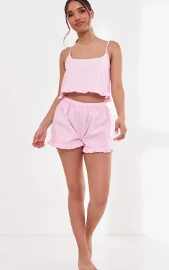 Baby Pink Woven Frill Edge Cami And Button Short Pj Set