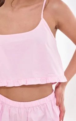 Baby Pink Woven Frill Edge Cami And Button Short Pj Set