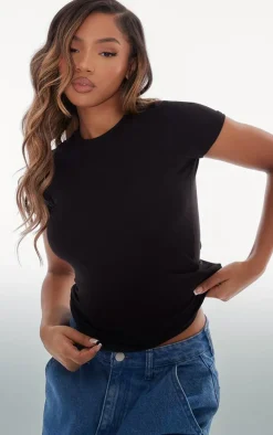 Basic Black Cotton Blend Fitted Crew Neck T Shirt