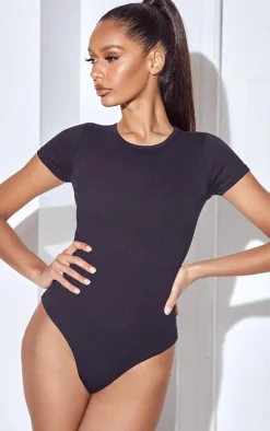 Basic Black Cotton Blend Fitted Short Sleeve Bodysuit