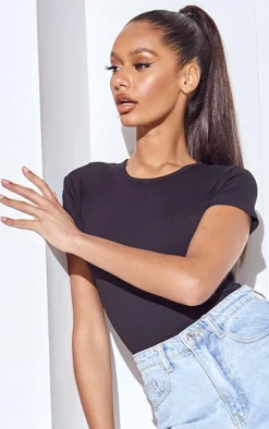 Basic Black Cotton Blend Fitted Short Sleeve Bodysuit