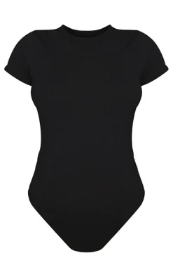 Basic Black Cotton Blend Fitted Short Sleeve Bodysuit