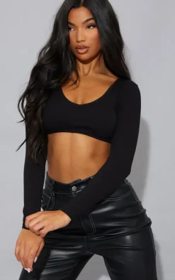 Basic Black Cotton Blend Long Sleeve Deep V Crop Top