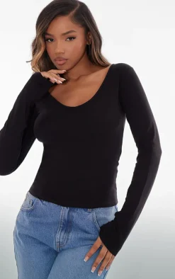 Basic Black Cotton Blend Longline Long Sleeve Top
