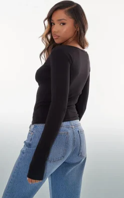 Basic Black Cotton Blend Longline Long Sleeve Top