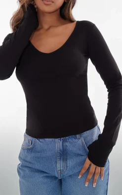 Basic Black Cotton Blend Longline Long Sleeve Top
