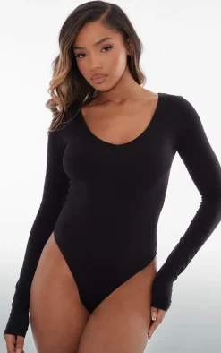 Basic Black Cotton Blend Plunge Long Sleeve Bodysuit