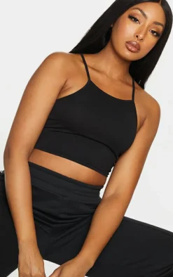 Basic Black Cotton Blend Racer Neck Crop Top