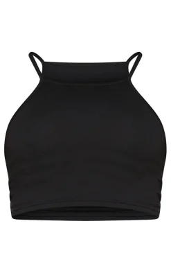 Basic Black Cotton Blend Racer Neck Crop Top