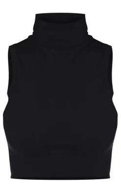 Basic Black Cotton Blend Roll Neck Sleeveless Crop Top