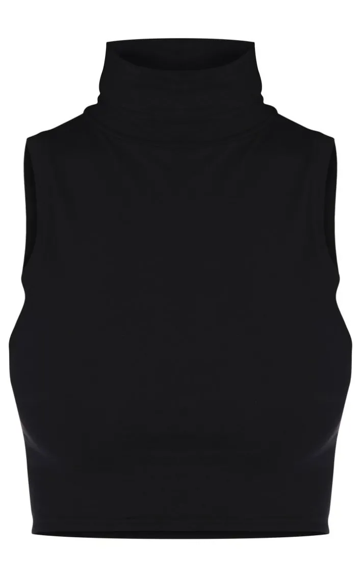Basic Black Cotton Blend Roll Neck Sleeveless Crop Top