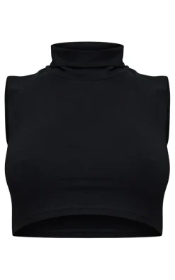 Basic Black Cotton Blend Roll Neck Sleeveless Crop Top