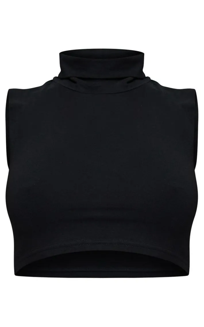 Basic Black Cotton Blend Roll Neck Sleeveless Crop Top