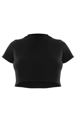 Basic Black Cotton Blend Roll Sleeve Crop Top