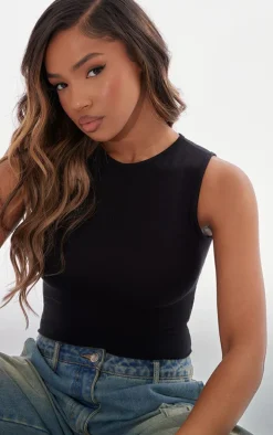 Basic Black Cotton Blend Thong Bodysuit