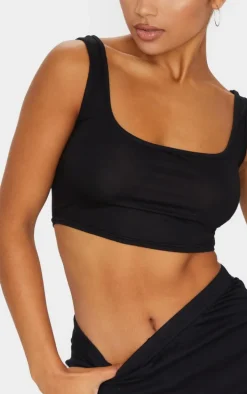 Basic Black Cotton Blend Scoop Neck Crop Top