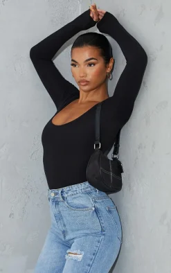 Basic Black Cotton Blend Scoop Neck Long Sleeve Bodysuit