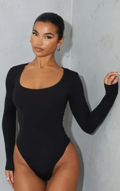 Basic Black Cotton Blend Scoop Neck Long Sleeve Bodysuit