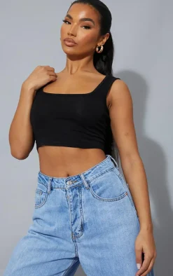 Basic Black Cotton Blend Square Neck Crop Tank