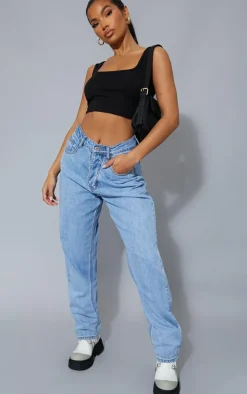 Basic Black Cotton Blend Square Neck Crop Tank