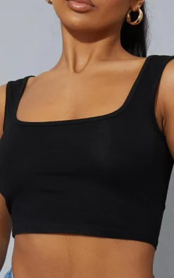 Basic Black Cotton Blend Square Neck Crop Tank