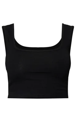 Basic Black Cotton Blend Square Neck Crop Tank