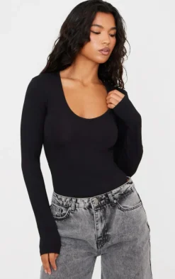 Basic Black Cotton Blend V Neck Long Sleeve Bodysuit