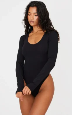 Basic Black Cotton Blend V Neck Long Sleeve Bodysuit