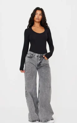 Basic Black Cotton Blend V Neck Long Sleeve Bodysuit