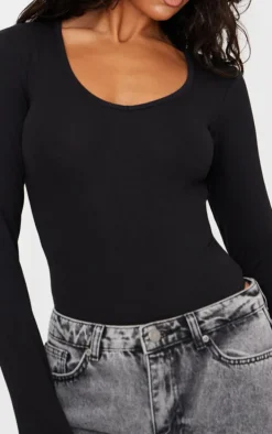 Basic Black Cotton Blend V Neck Long Sleeve Bodysuit