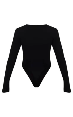 Basic Black Cotton Blend V Neck Long Sleeve Bodysuit